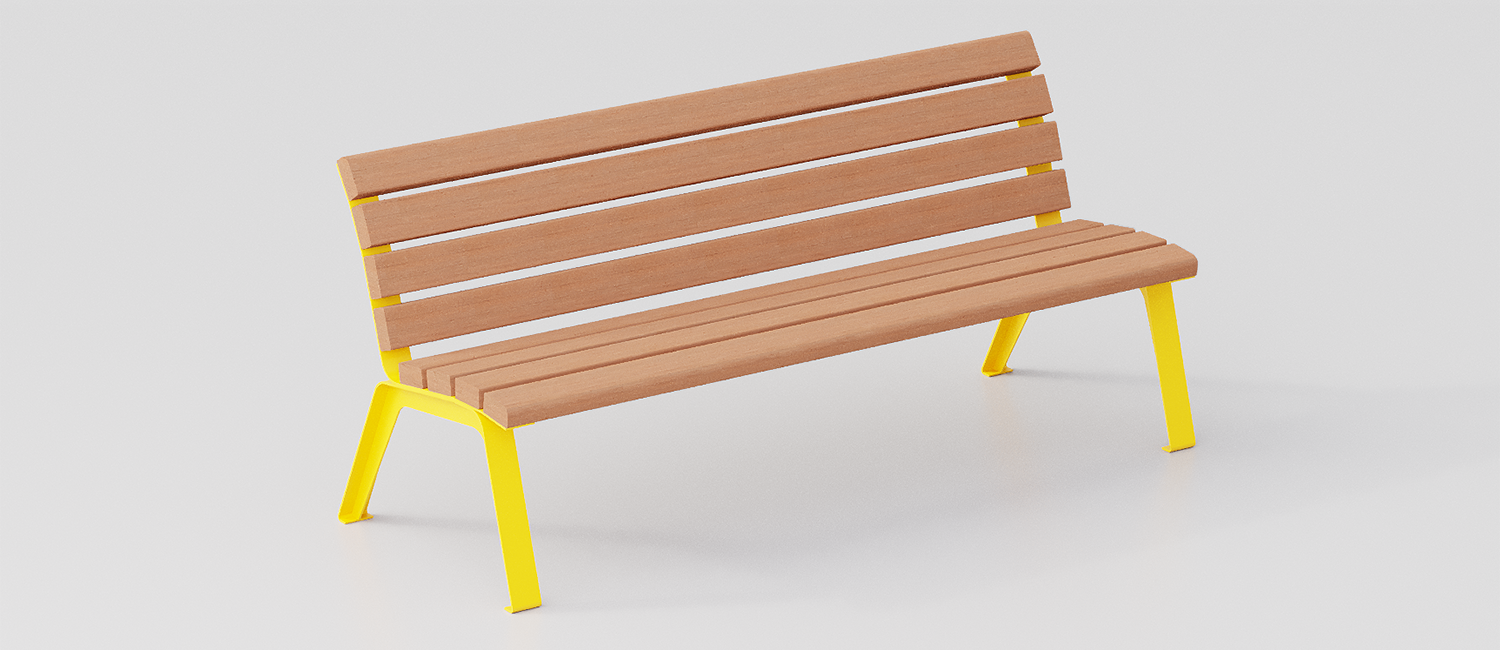 Betty bench with Okumè wood planks without armrest