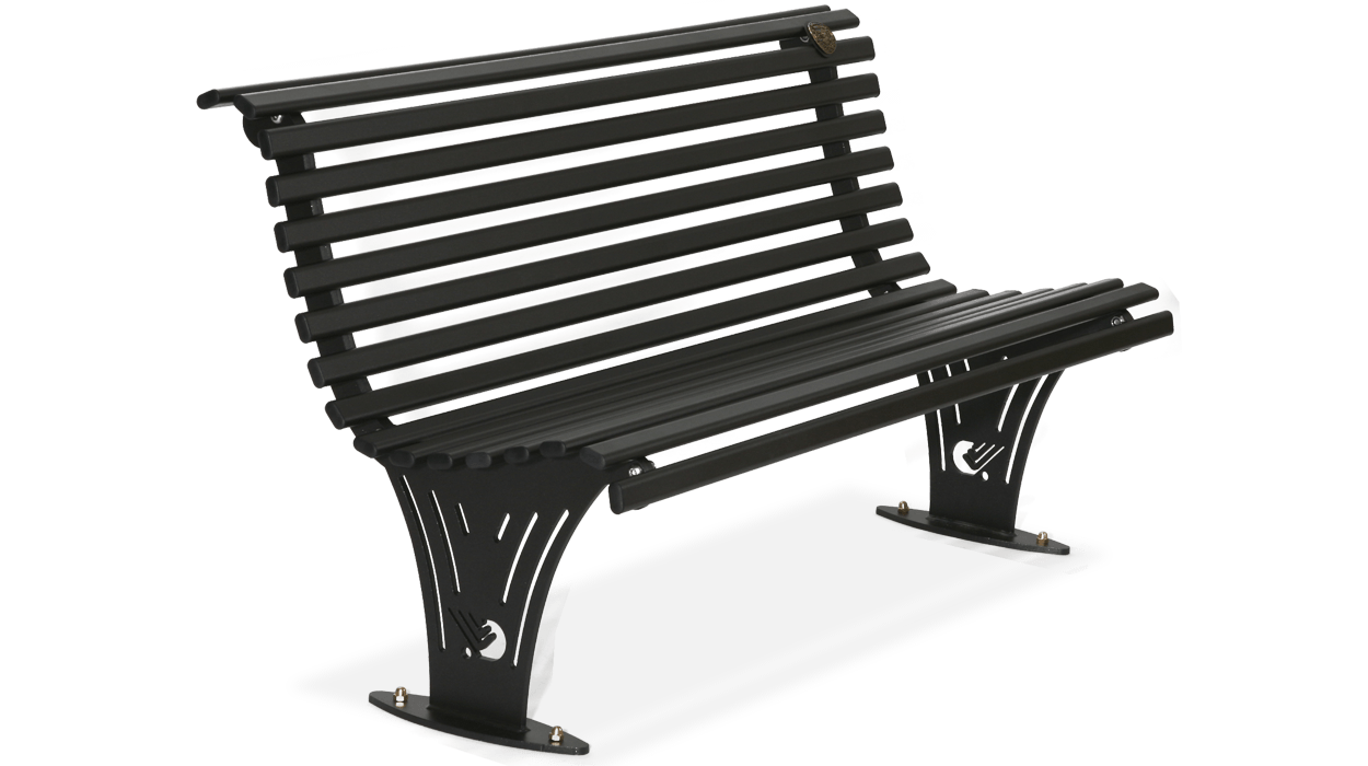 Panchina per arredo urbano con schienale realizzata in metallo, modello Ariete.