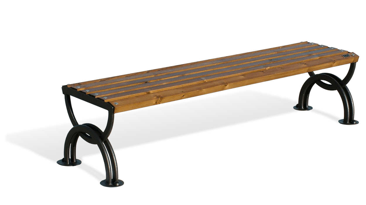 Panca senza schienale struttura in acciaio e seduta con listoni in legno.